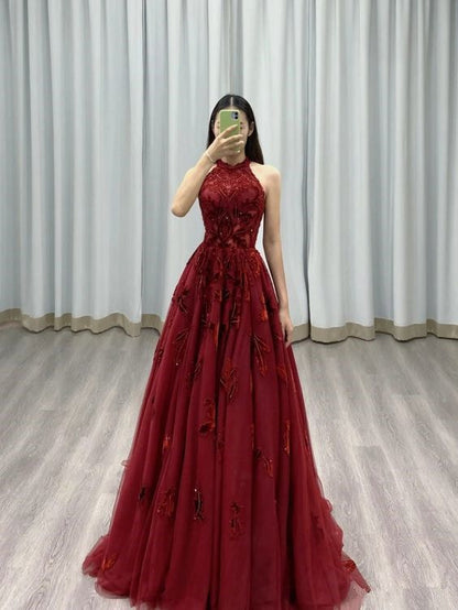 Burgundy Prom Dresses A line Halter Tulle Evening Dresses      cg25141