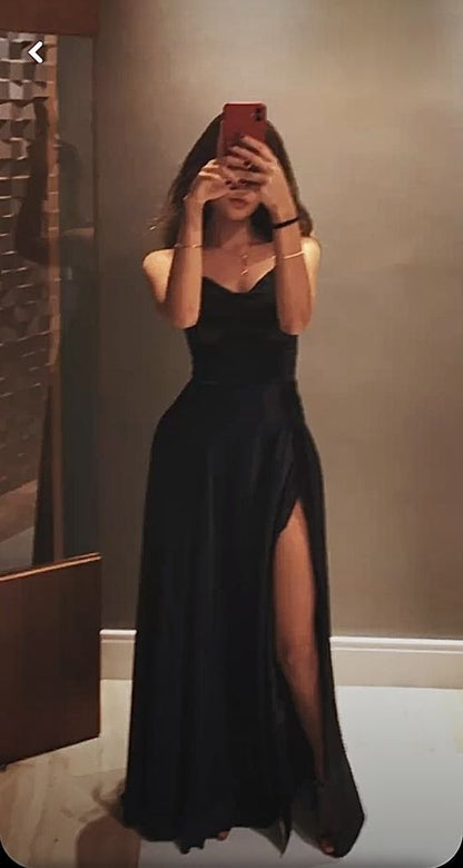 Sexy A Line Straps Floor Length Black Slit Prom Dresses    cg25012