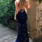 navy blue mermaid tulle and sequins long formal prom dress with v neckline and lace up back   cg10962