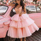 Off the Shoulder Tiered Pink Homecoming Dress    cg22159