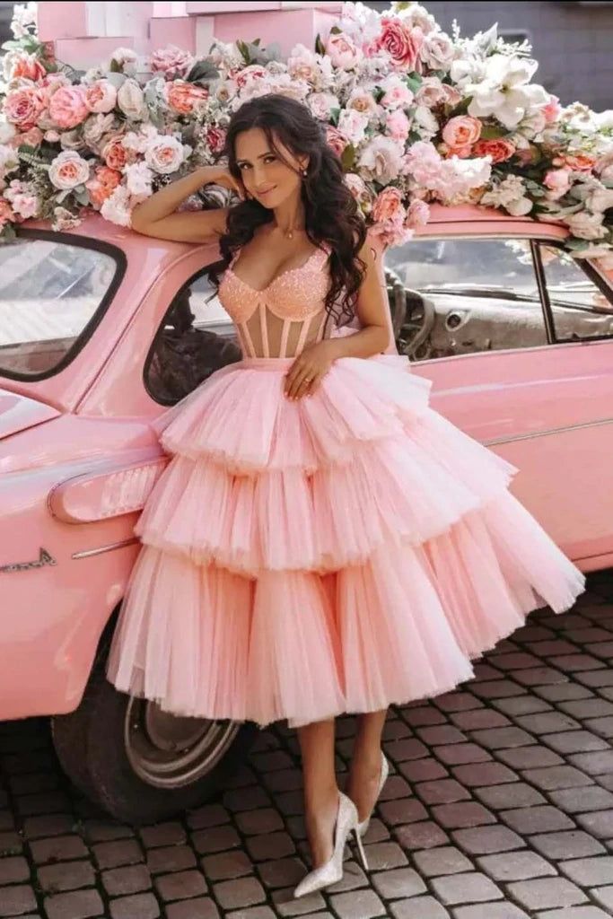 Off the Shoulder Tiered Pink Homecoming Dress    cg22159