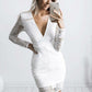 Homecoming Dress White V-neck Lace Sheath Short White Cocktail Dress With Long Sleeves cg784