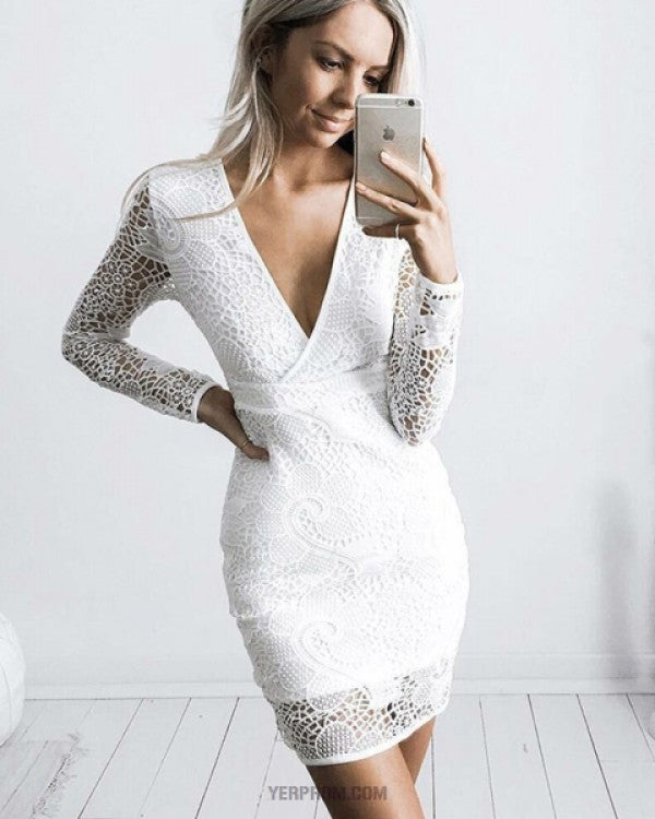 Homecoming Dress White V-neck Lace Sheath Short White Cocktail Dress With Long Sleeves cg784