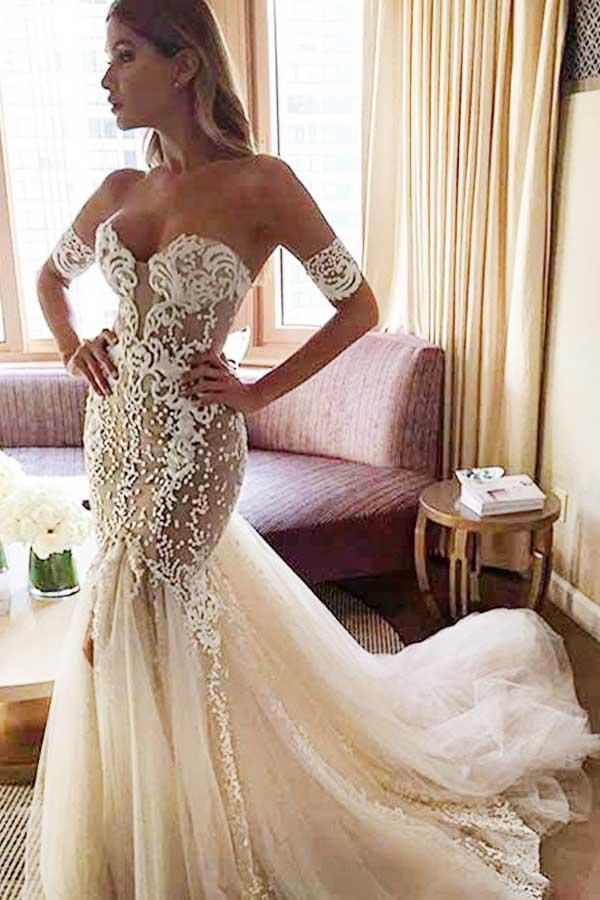 Charming Mermaid Sweetheart Backless Tulle Wedding Dresses with Lace Appliques prom dress         cg23184