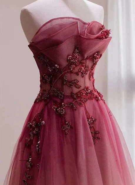 Red Gradient Prom Dress Vintage Wedding Dress Red Strapless Party Dress with Beaded Bridal Dress         cg23240