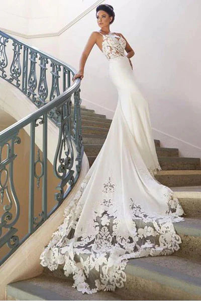 Charming Appliques Lace Mermaid Wedding Dresses with Straps, Sexy Sleeveless prom gown cg1492