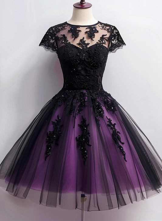 Cute Black And Purple Tulle Short Sleeves Party Dress, Tulle Short Homecoming Dress    cg25018