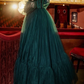 Pretty Green Lace Prom Dresses Puff Long Sleeves Off The Shoulder Lace Appliques Tulle Ball Gown      cg24134