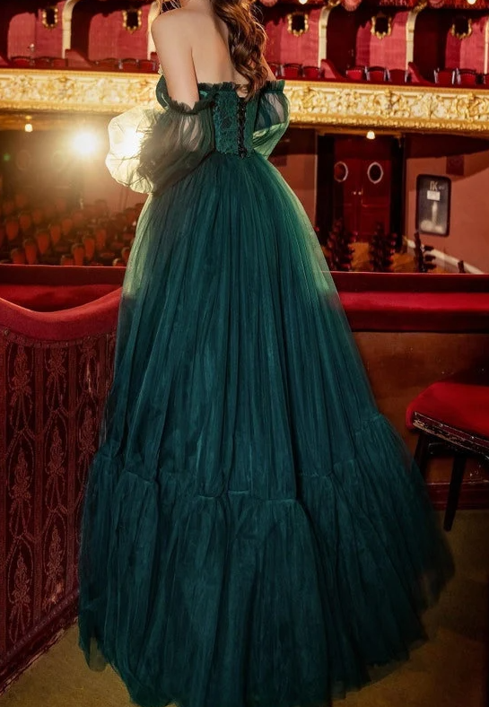 Pretty Green Lace Prom Dresses Puff Long Sleeves Off The Shoulder Lace Appliques Tulle Ball Gown      cg24134