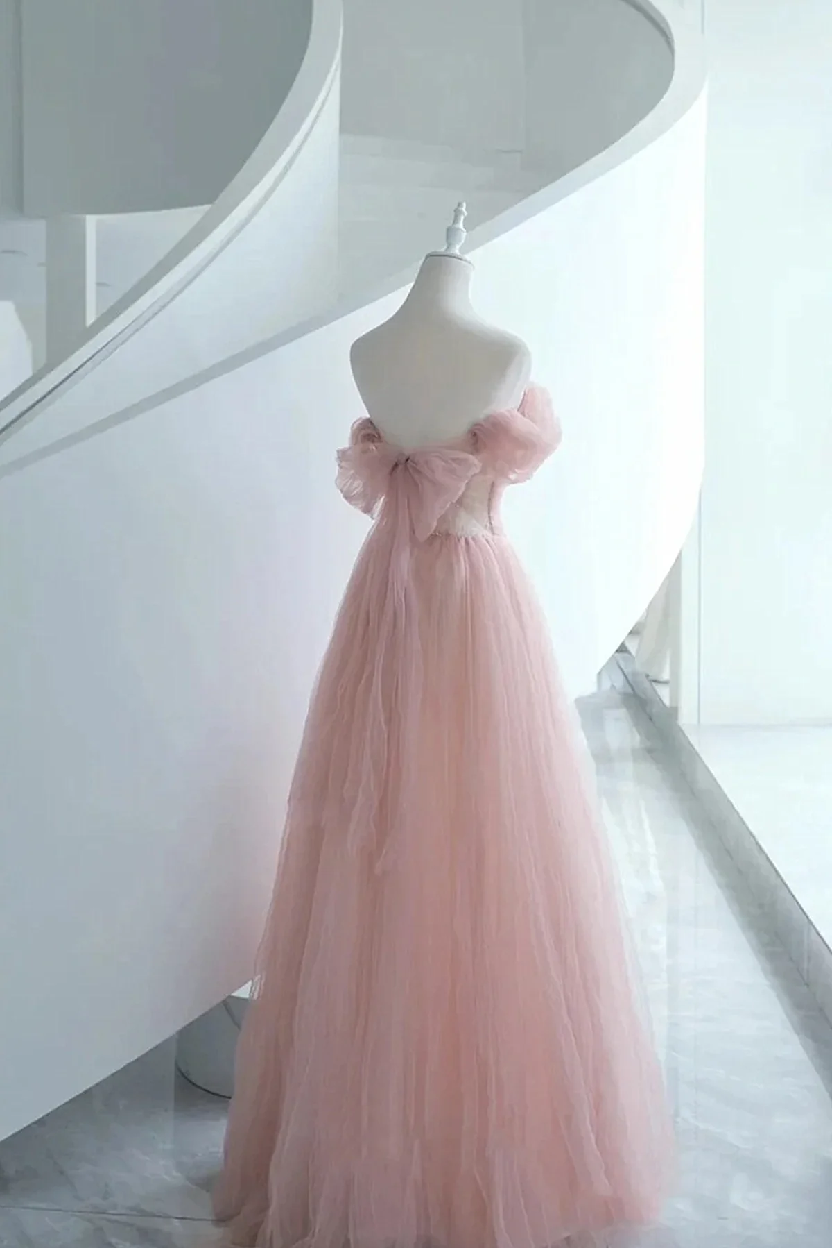 Pink Tulle Scoop A-line Floor Length Party Dress, Pink Off Shoulder Formal Dress Prom Dress    cg25013