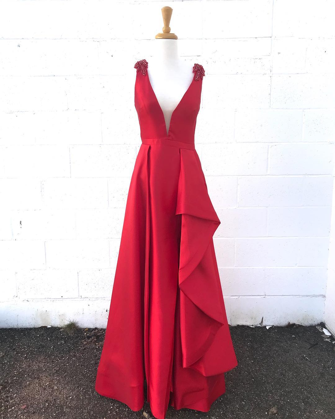 Charming V neck Red Satin Evening Dress, A Line Floor Length Prom Dress  cg5983