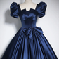 Elegant Blue Satin Floor-Length Prom Dresses, Square Neckline Puffy Short Sleeve Bow Formal Dresses    cg25015