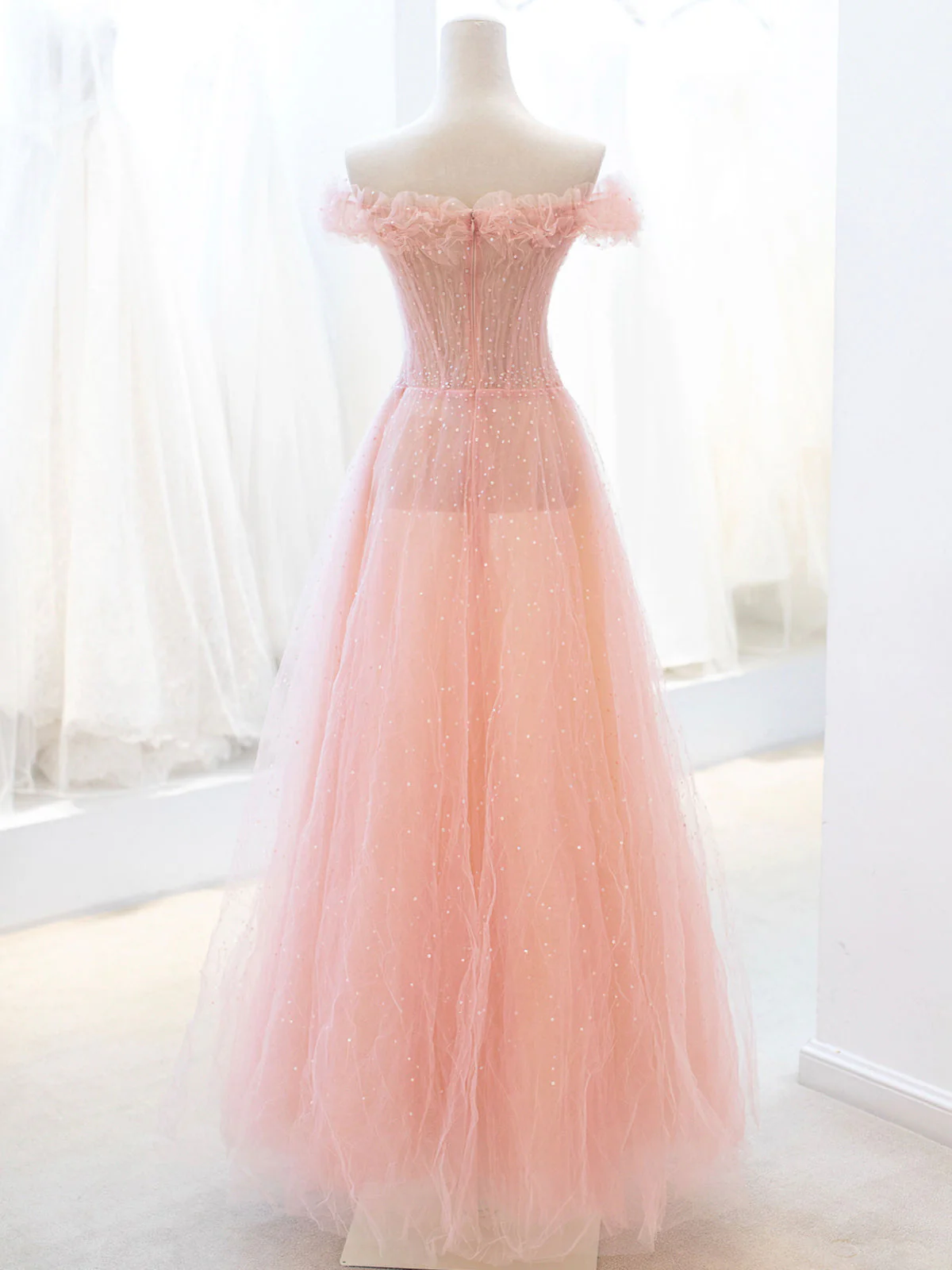 Pink Tulle Sequins Long Prom Dress, A-Line Lovely Evening Party Dress     cg25118