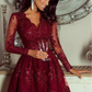 Long Sleeves Burgundy Lace Formal Evening Homecoming Graduation Dresses  cg7541