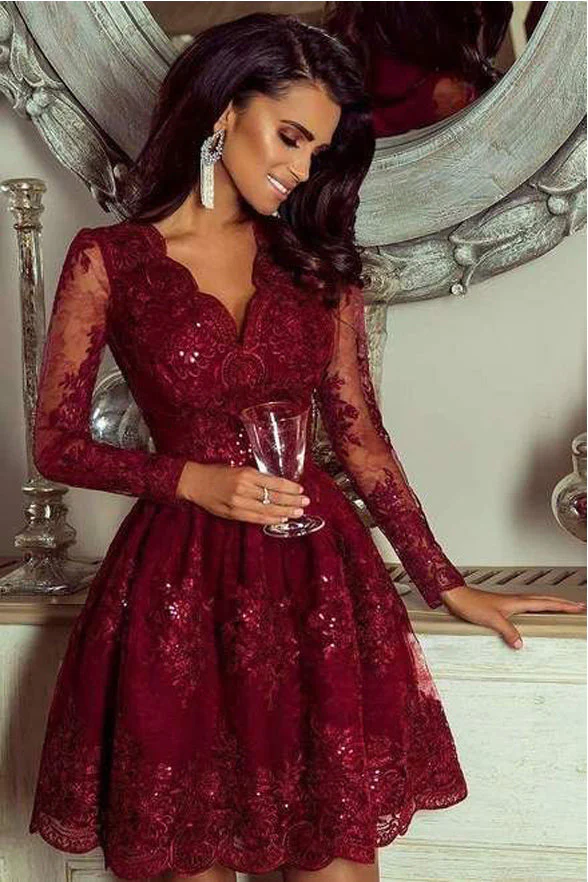 Long Sleeves Burgundy Lace Formal Evening Homecoming Graduation Dresses  cg7541