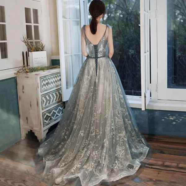 Sexy V-neck Shoulder Straps Sleeveless Gray Glitter Evening Gown With Train Prom Dress     cg20314