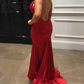 Red Lace Appliques V Neck Open Back Mermaid Prom Dresses cg5104