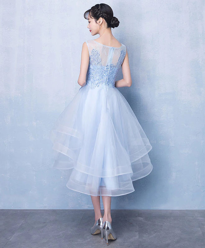 Blue tulle high low lace dress, blue tulle lace homecoming dress cg2047