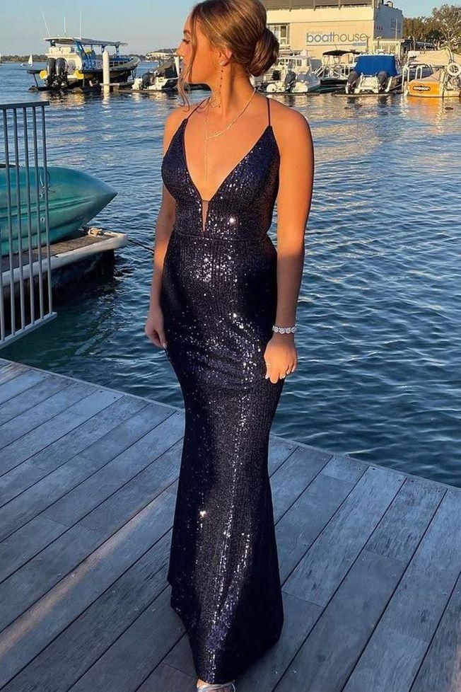 Navy Blue Sequins Mermaid Long Prom Dress     cg24911