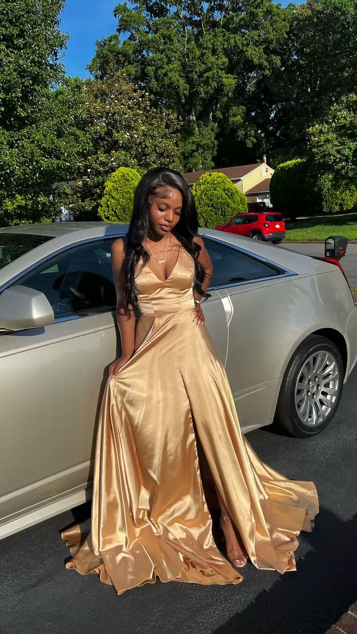 A Line V Neck Gold Sleeveless Satin Long Prom Dress,Formal Gown      cg24925