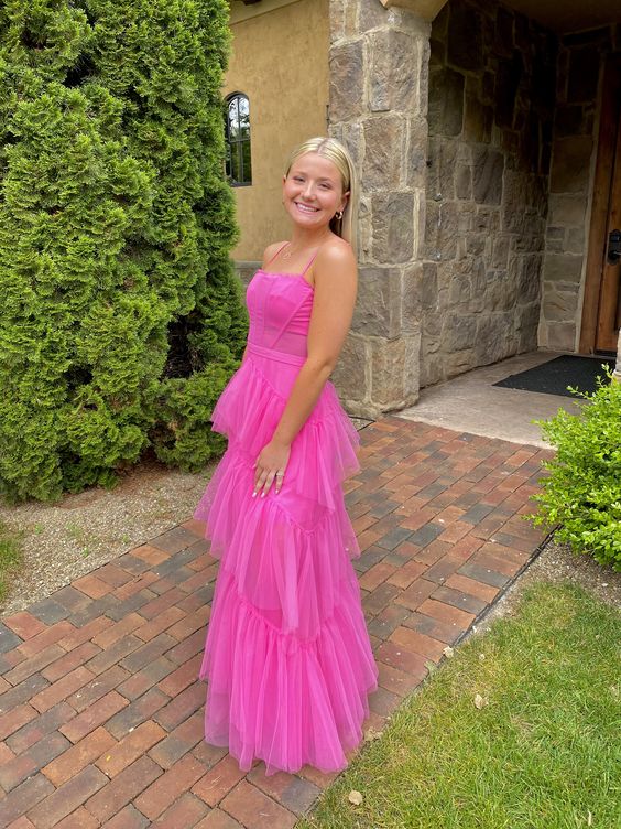 Princess Hot Pink Long Prom Dress Layered Tulle Sleeveless Corset Gown,Evening Dresses   cg24859