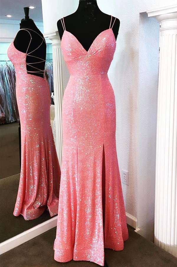 Long Pink Sparkle Sequins Prom Dresses Formal Evening Gowns     cg24879