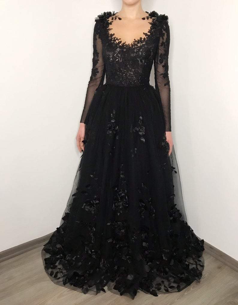 Black floral gothic wedding dress, black flower tulle lace dress, alternative bridal gown prom dress long formal gowns    cg19132