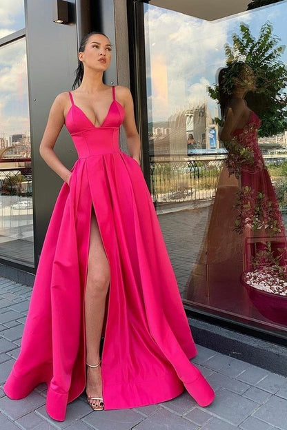 Fuchsia Satin Long Prom Dresses with Wide Waistband      cg24948