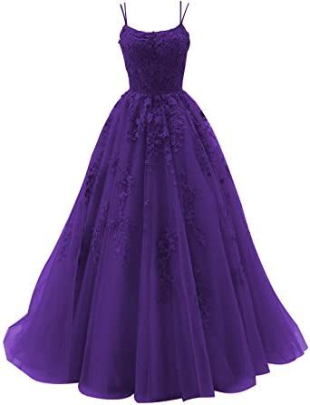 Spaghetti Strap Prom Dresses Long Tulle Lace Appliques Princess Birthday Party Dress Purple    cg24943