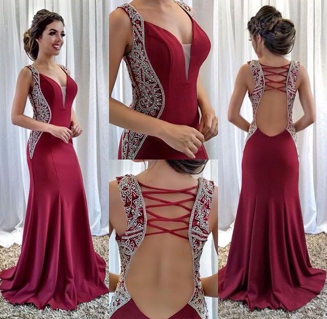 Burgundy Mermaid Prom Dress Sexy Open Back Beaded Floor Length Luxury Evening Party Gowns   cg11052