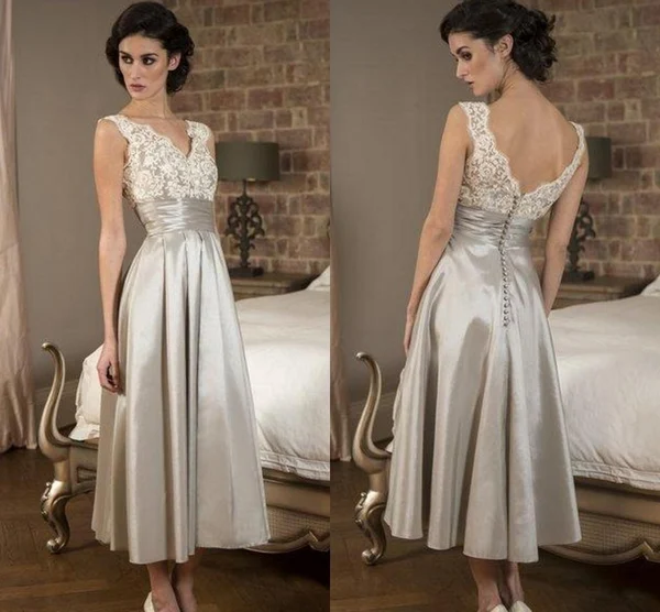 Vintage V Neck Tea Length Silver Occasion Dress with Pleated Cummerband Sexy V Neck Lace Prom Dresses   cg10865