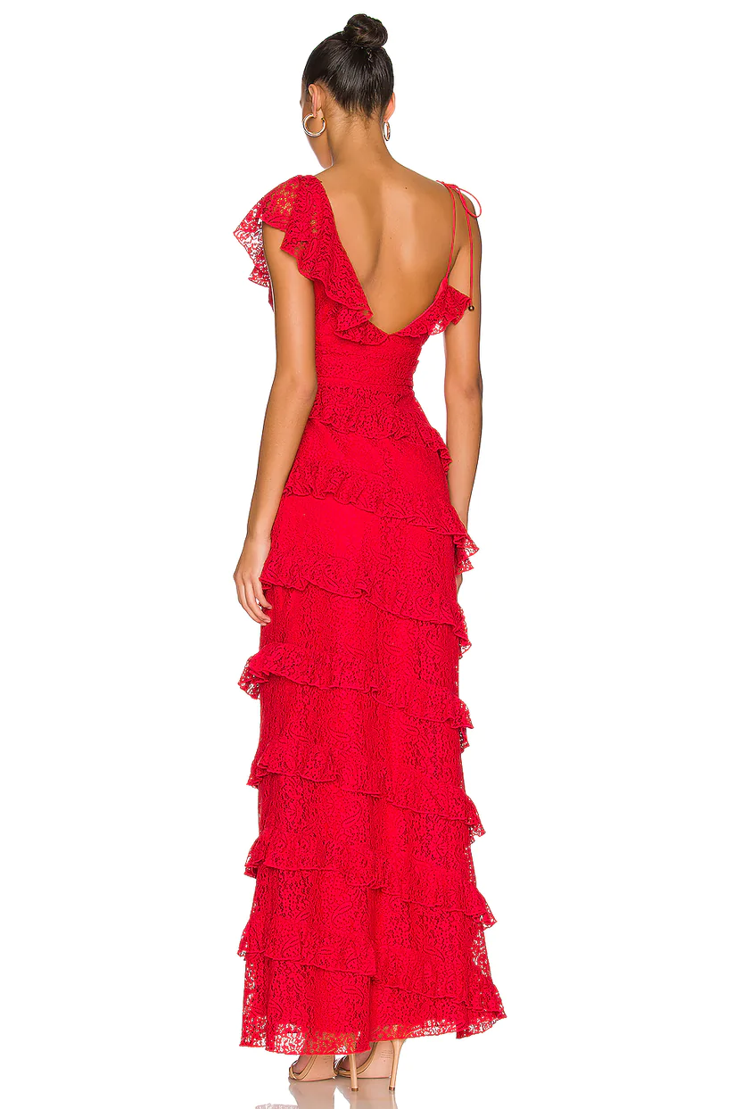 A line Red Lace Long Prom Dresses     cg24898