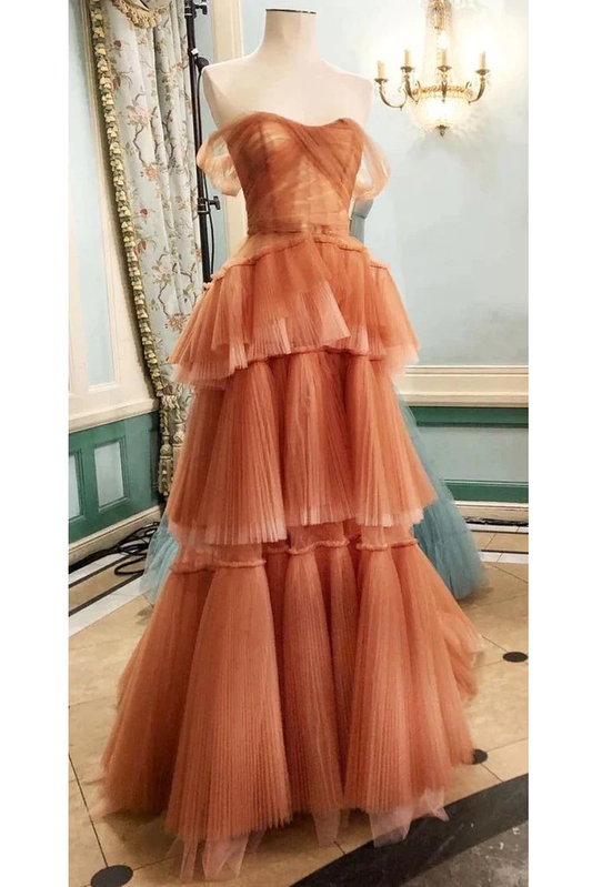 Off The Shoulder Tulle Tiered Long Prom Dress, A Line Evening Gown   cg24857