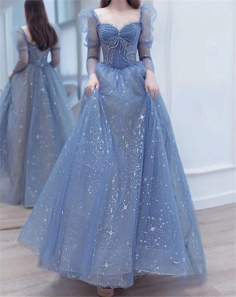 Blue prom dress long Fairy ball gown dress Long sleeves prom dress Sparkle rhinestone dress Romantic star print evening dress     cg24826