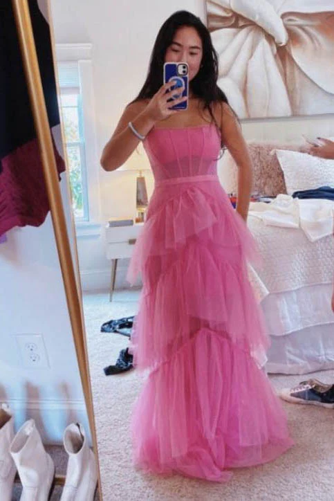 Princess Hot Pink Long Prom Dress Layered Tulle Sleeveless Corset Gown,Evening Dresses   cg24859