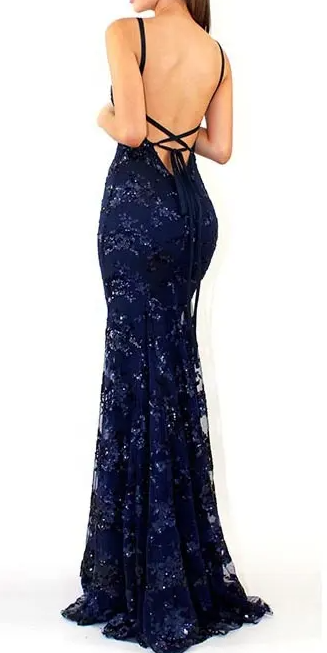 navy blue mermaid tulle and sequins long formal prom dress with v neckline and lace up back   cg10962