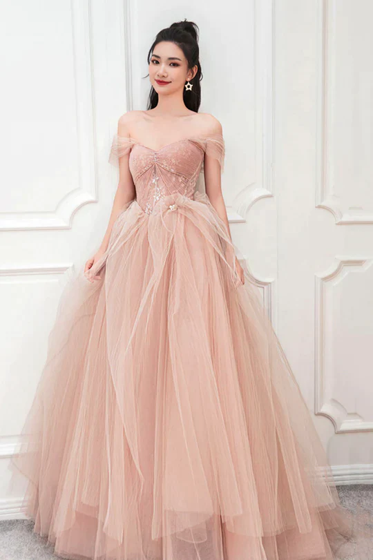 Pink Sweetheart With Lace Beaded Tulle Junior Prom Dress, Pink Long Formal Dresses    cg24960