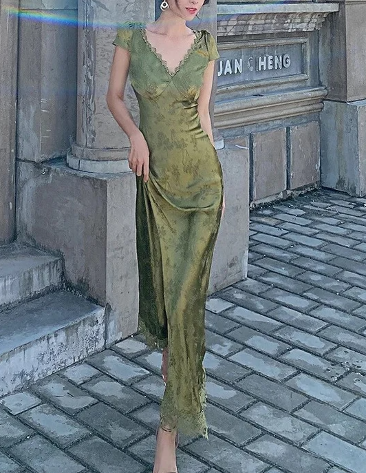 Elegant Women Green Satin Backless Mixi Dress Palace Short Sleeve Lace V-Neck Bandage Vintage Bodycon Evening Gown    cg24972