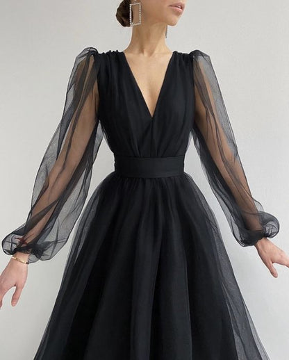 Unique Black Tulle Long Sleeves Prom Dress  cg10005