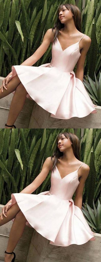 Light Pink Satin Spaghetti Strap V-Neck Homecoming Dresses cg1002