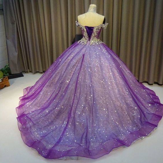 Purple Off The Shoulder Ball Gown , Bling Bling Prom Dress   cg10071