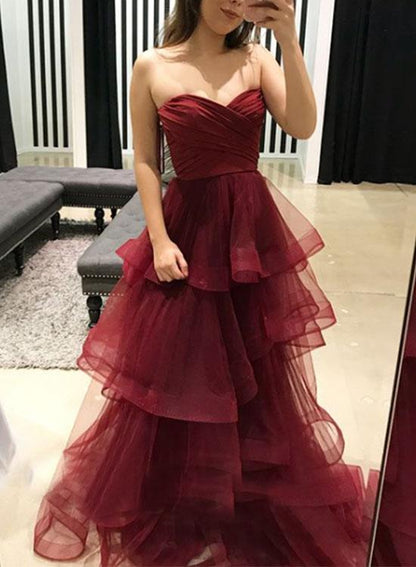 Burgundy sweetheart neck long prom dress, evening dress cg1024