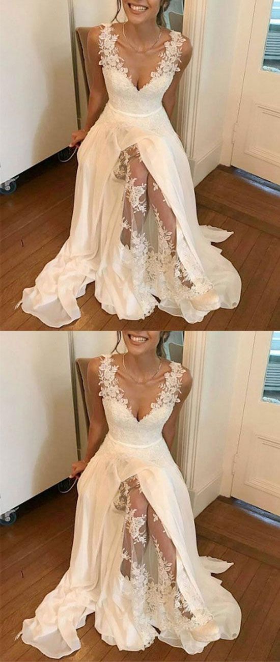 White v neck chiffon lace long prom dress, white evening dress cg1025