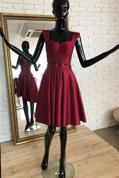 Burgundy two pieces short dress, burgundy homecoming dress cg1027