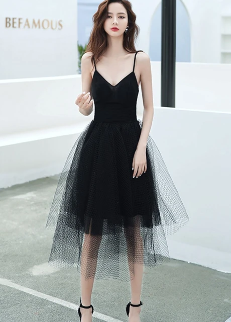 SIMPLE BLACK V NECK TULLE SHORT PROM DRESS BLACK SHORT EVENING DRESS   cg10282