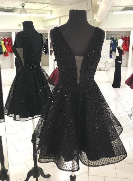 A-Line Sparkle Short Black V-Neck Backless Homecoming Dress  cg10299