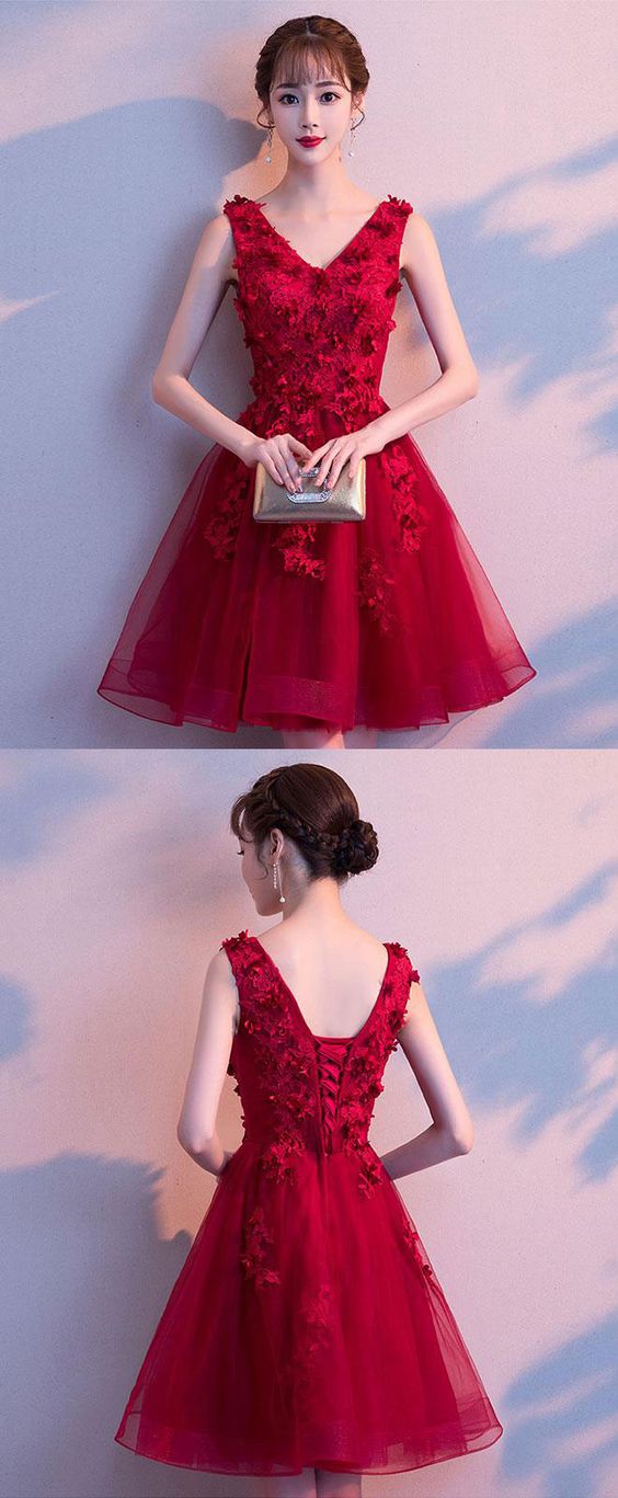 Burgundy v neck tulle lace short homecoming dress, burgundy homecoming dress cg1040