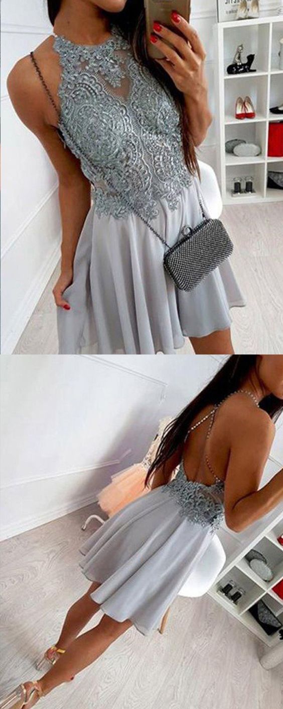 lace appliqued bodice homecoming dress, short chiffon grey formal dresses cg1050