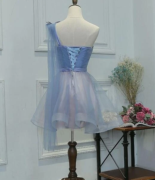 One Shoulder Tulle Sweetheart Party Dress, Short Blue Homecoming Dress   cg10511