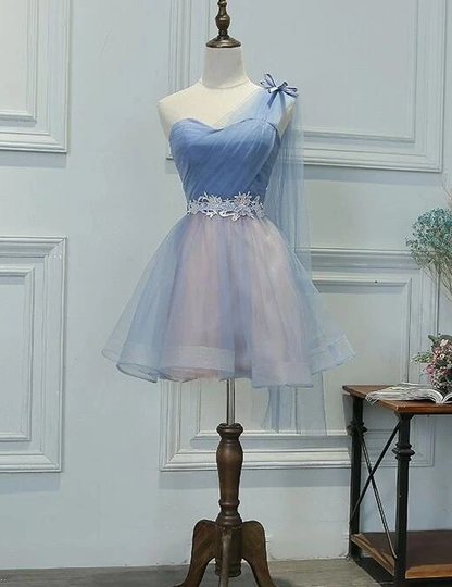 One Shoulder Tulle Sweetheart Party Dress, Short Blue Homecoming Dress   cg10511